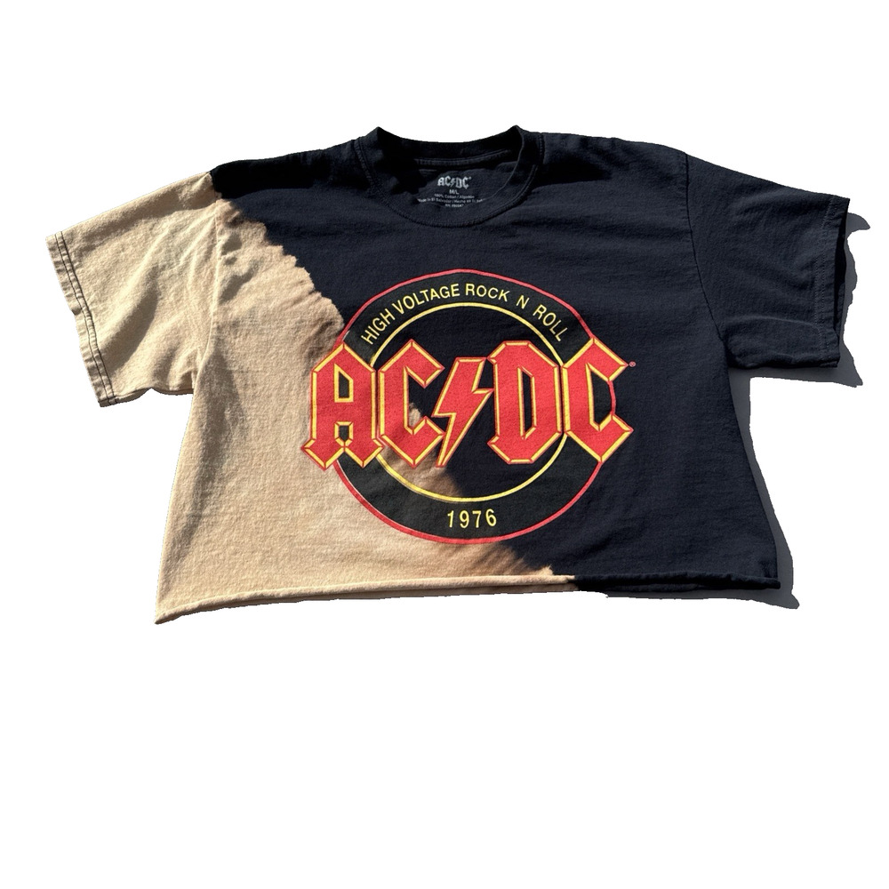AC/DC High Voltage Crop T Shirt M/L Black Rock Band Graphic Oversized Rolled Hem